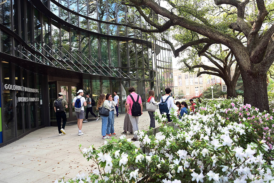 exterior photograph of the GWBC front entrance with students walking around