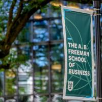 photo of a lamp post with an A. B. Freeman School of Business flag